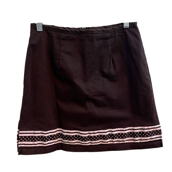 Alanni by Donny Brooke Brown Cotton Mini Skirt Pink Grosgrain Ribbon. Size 6 - Picture 1 of 5